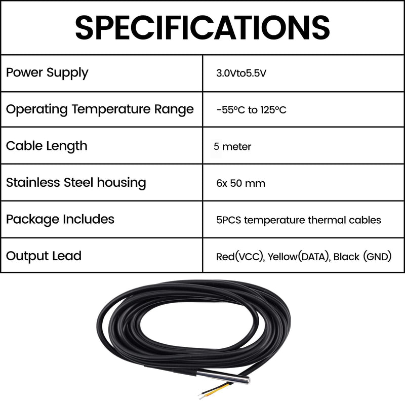 Aideepen 5 x Temperature Sensors, 5 m Cable, Waterproof Temperature Sensor, Digital Stainless Steel Temperature Sensor, Compatible with Arduino and Raspberry Pi, Includes E-Book, Compatible with Shelly 5 pieces 5 m
