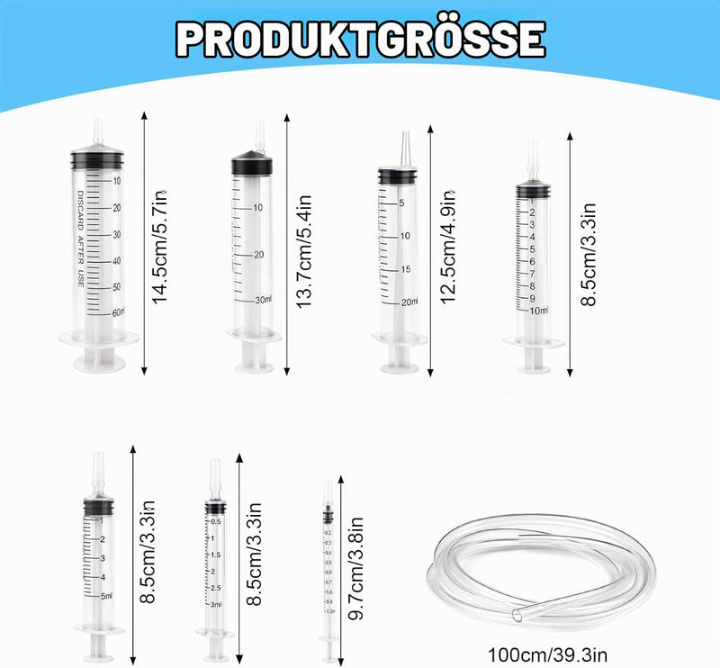 Pack of 10 syringes 1 ml 3 ml 5 ml 10 ml 20 ml 30 ml 60 ml with hose | Liquid syringe for hobby and DIY enthusiasts, individually sealed packaging