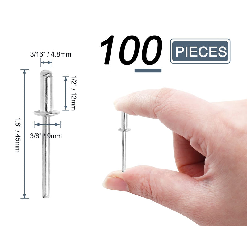 [Australia - AusPower] - 3/16" x 1/2" Silver Pop Rivets Assortment - 100Pcs, Aluminum Rivets Metal Blind Rivets Kayak Rivets Tool Marine rivet fasteners for Boat 3/16" x 1/2" Silver, 100pcs 