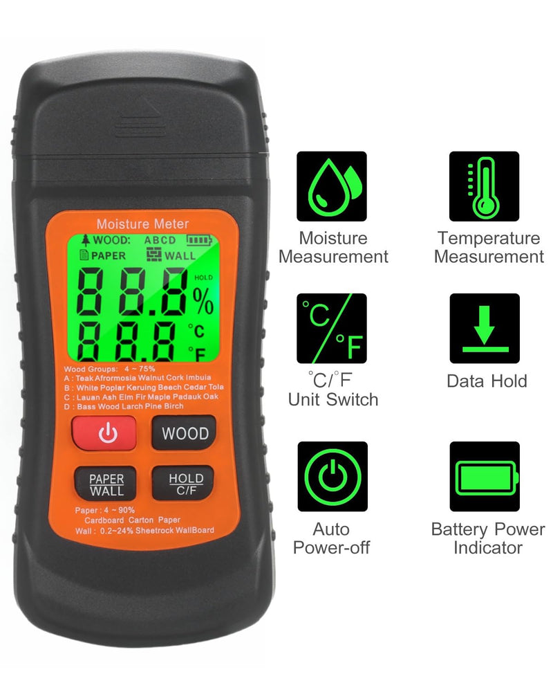 [Australia - AusPower] - Moisture Meter for Wood, Wall, Paper, with Backlight LCD Display, 7 Modes, Pin-Type Water Leak Detector 
