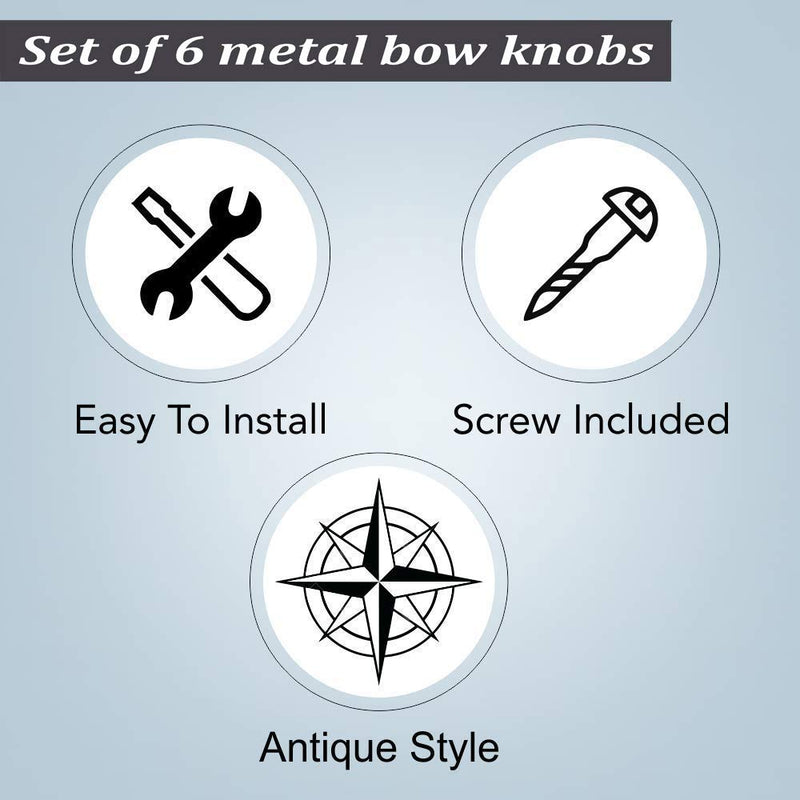 Perilla Home Set of 6 Brass Bow Knobs for Cabinet & Drawers Decorative Bow Knobs for Home Kitchen Cabinet Hardware Cupboard Metal knobs Door Dresser Wardrobe and Drawer Pulls Bow Design
