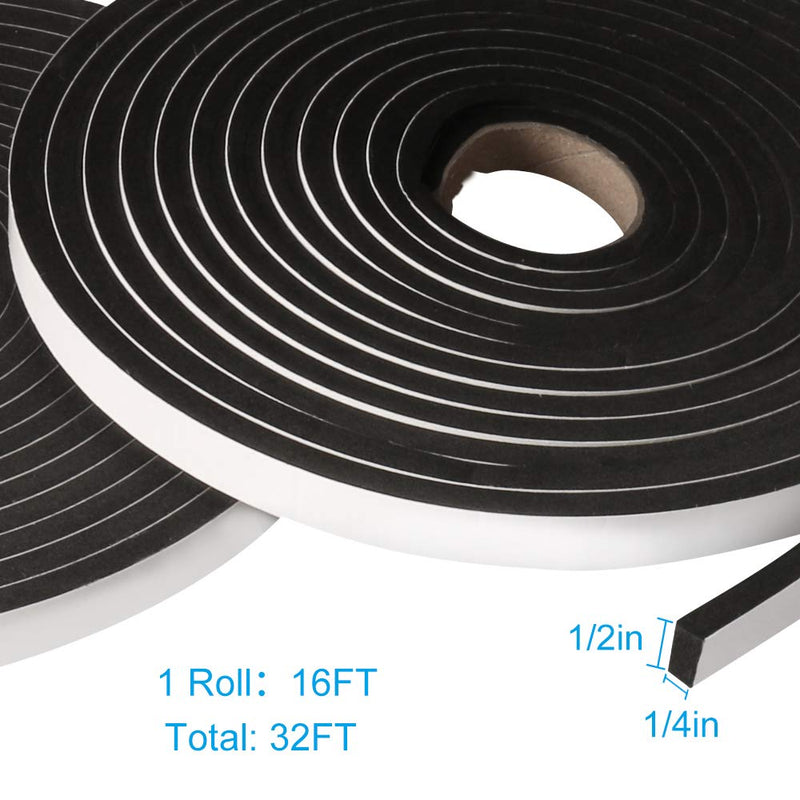 2 Rolls Foam Tape Weatheratrip for Door Window Insulation, Single Sided Foam Strips Adhesive, High Density Foam Seal Tape, Closed Cell Foam Seal Strip Tape(1/2"Wx1/4"Tx32FT, Black) 1/2"W x 1/4"T x 32FT