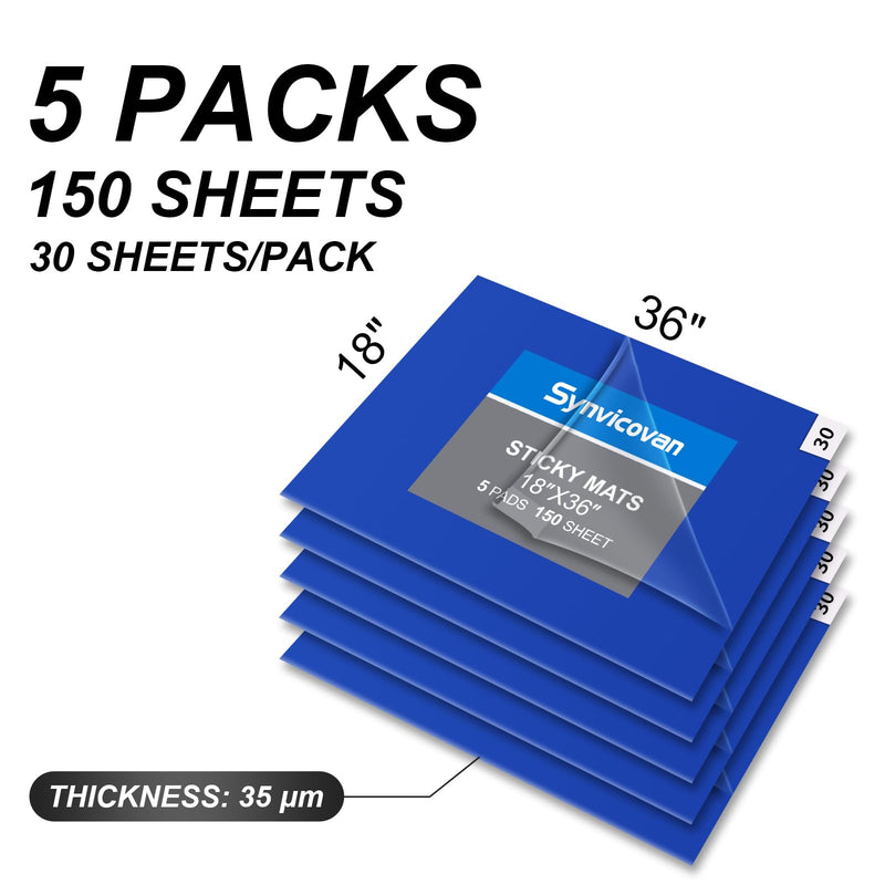18" x 36" Blue Sticky Mat Tacky Pads Adhesive Floor Mat (5 Packs,150 Sheets,30 Sheets/Pack for Cleanroom Laboratory Hospital Construction Pets Home Indoor Gymnasium and Workshop 18" x 36"