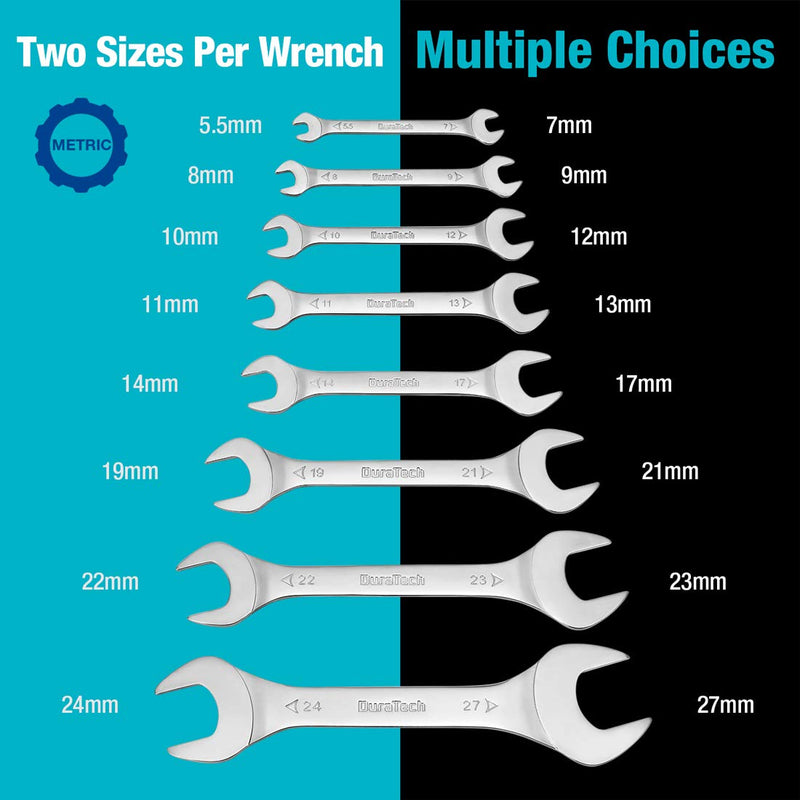 [Australia - AusPower] - DURATECH Super-Thin Open End Wrench Set, Metric, 8-Piece, Including 5.5, 7, 8, 9, 10, 11, 12, 13, 14, 17, 19, 21, 22, 23, 24, 27 mm, Slim Spanner Set with Rolling Pouch Silver 