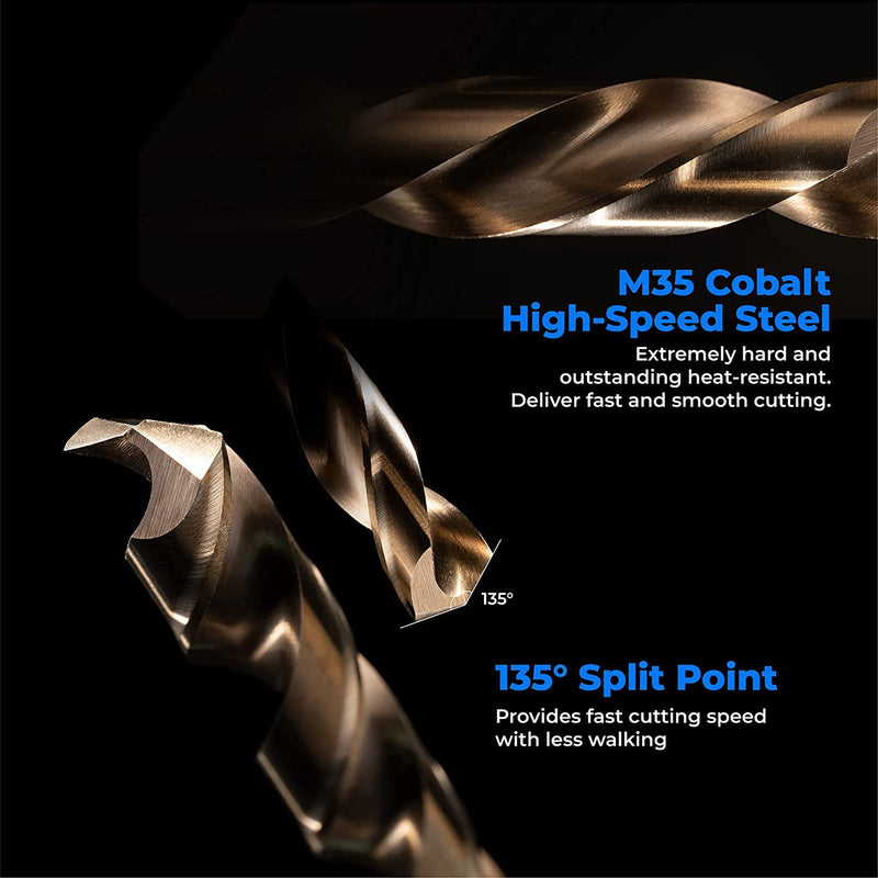amoolo 7/16" Cobalt Drill Bit(5pcs), M35 HSS Metal Drill Bit Set for Hard Metal, Stainless Steel, Cast Iron Box of 5 7/16 in 5pcs