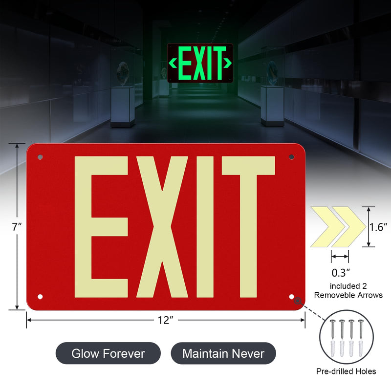 Photoluminescent Aluminum Exit Sign Red Glow in The Dark, 12x7 In Self-Adhesive Backing Emergency Exit Sign Sticker with Removable Arrows, Non-Electrical for 50 Feet Visibility (1 Pack) 1 Pack