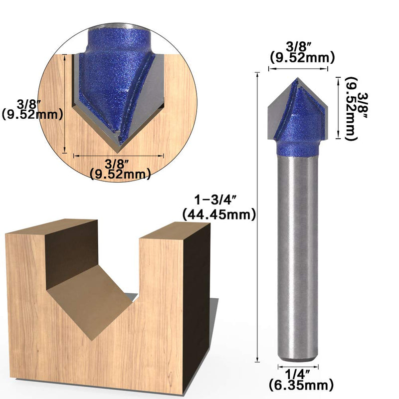 Yakamoz Industrial Grade 1/4-Inch Shank 90 Degree V Groove Router Bit Set CNC Engraving V Grooving Bit Cutter for 3D Signmaking Lettering Carving Woodworking Tool, Cutting Dia. 1/4", 5/16", 3/8", 1/2" V Groove Router Bits