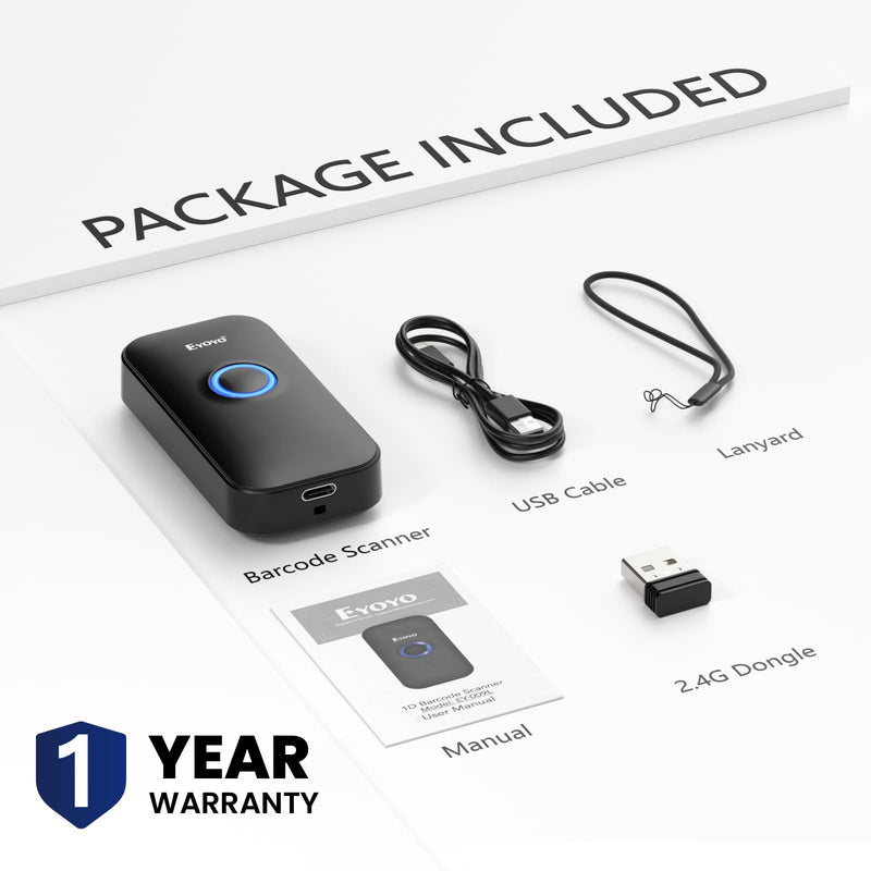 Eyoyo 1D Mini Bluetooth Barcode Scanner, 3-in-1 USB Wired & Bluetooth & 2.4G Wireless Barcode Reader Portable Bar Code Scanning Work with Tablets or Computers, Windows, Android, iOS