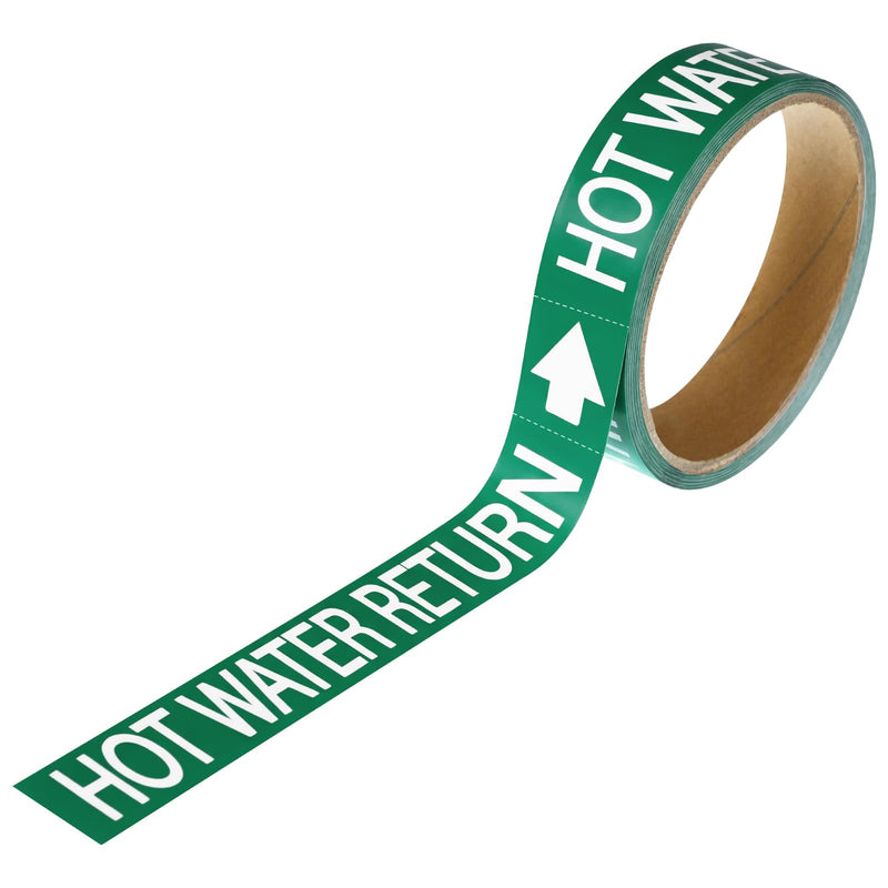 1 Roll Economy Pipe Markers - 1" Height x 8" Width Hot Water Return Pipe Labels, White On Green Pressure Sensitive Vinyl
