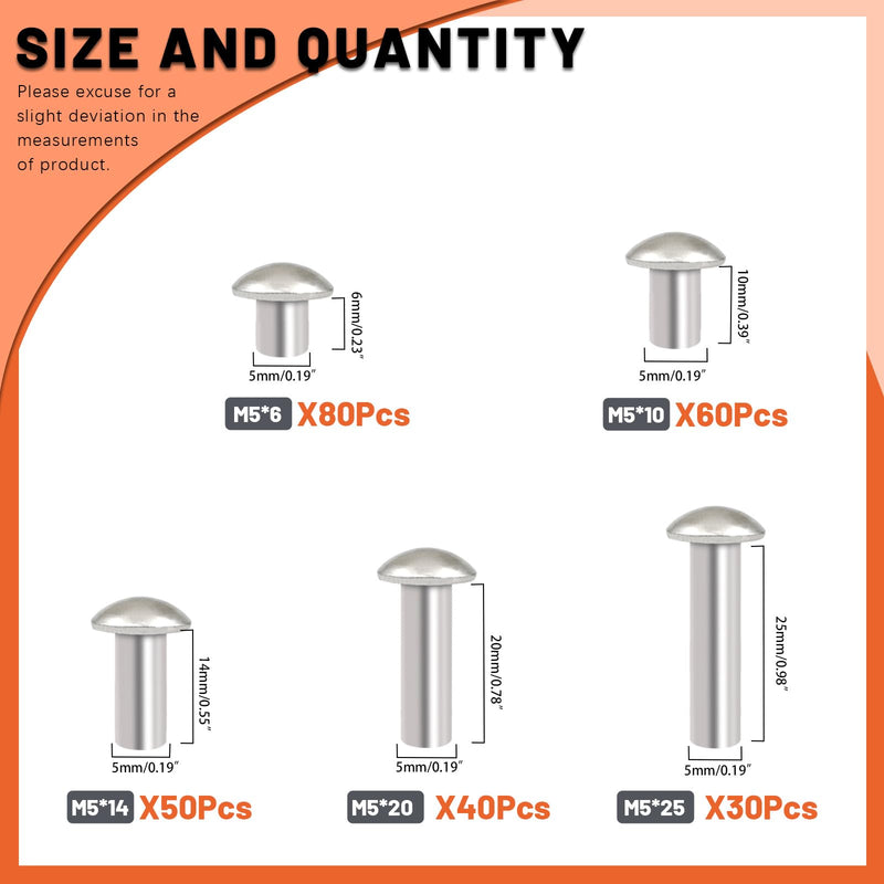 [Australia - AusPower] - 260Pcs M5 Solid Aluminum Brazier Head Rivets, 6mm 10mm 14mm 20mm 25mm Length Solid Aluminum Rivets for Machinery Automobile Industry 
