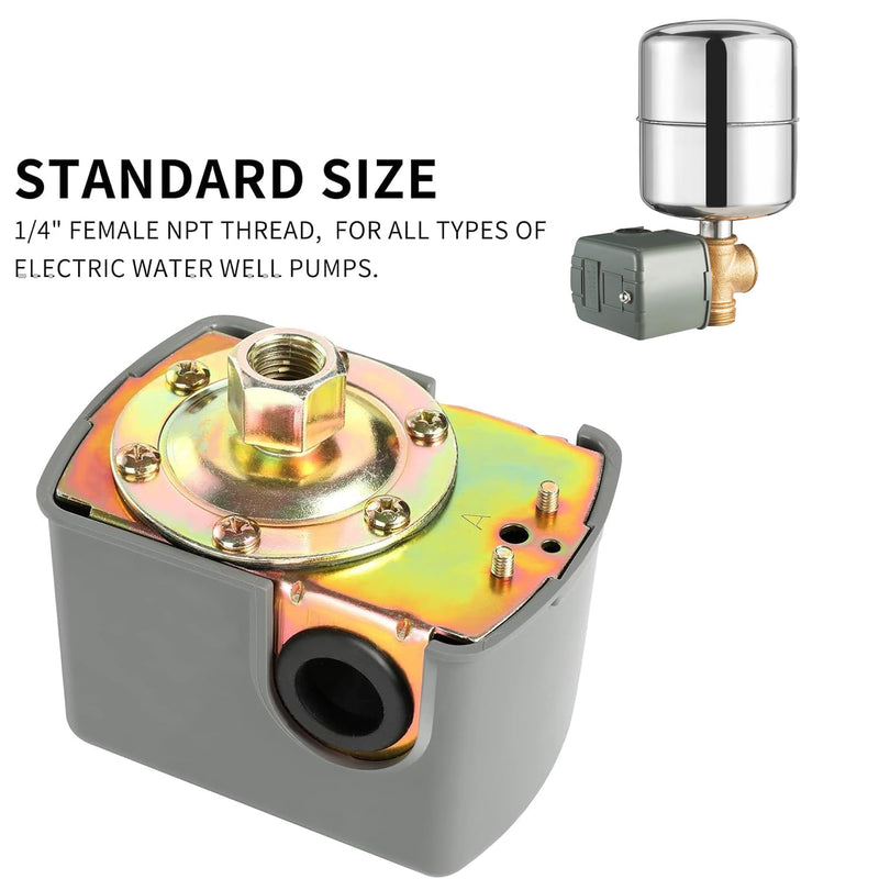 [Australia - AusPower] - YSD Pressure Switch for Well Pump, 40-60PSI, Adjustable Differential, 1/4" NPT, Automatic, Grey 