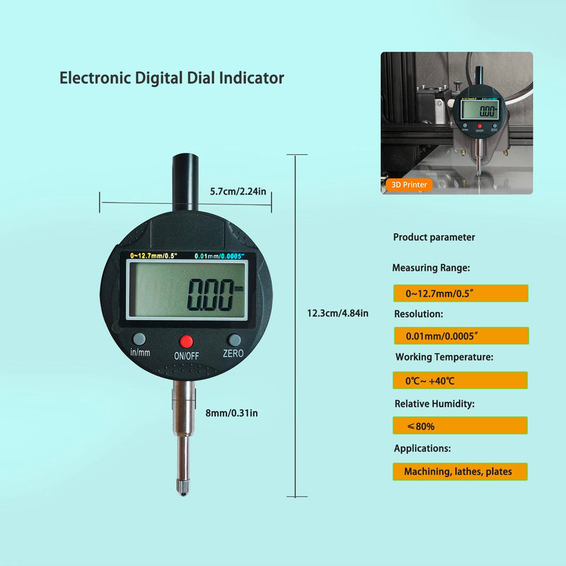 [Australia - AusPower] - Measurement Indicator, Digital Dial Gauge 0-12.7 mm (0-0.5 in) for 3D Printers, CNC Machines, Workshops, CNC Machines, Table Saws and More(Percent 12mm) 0-0.5 Inch/12.7 mm 