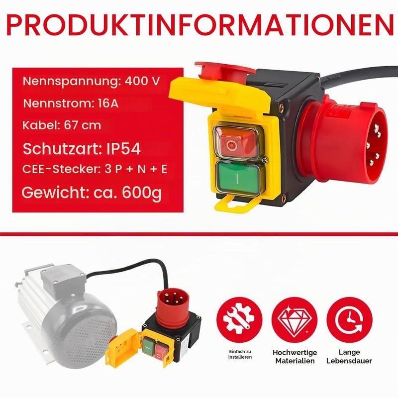 Motor Protection Switch 400 V, 3-Phase Emergency Stop Switch with CEE Plug, Waterproof Electromagnetic Machine Switch 400 V with 67 cm Cable, Phase Inverter, Zero Voltage Switch, Compatible KEDU KOA7