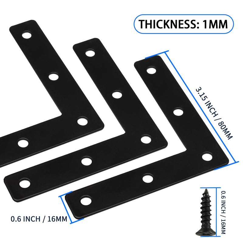 [Australia - AusPower] - 10Pcs 3 x 3 Inch L Bracket Corner Brace (80 X 80mm), Iron Flat Corner Bracket Heavy Duty, Metal L Shaped Bracket Support Brace, Right Angle Bracket Repair Plates with Screws 3" x 3" (Black) L-Shape 