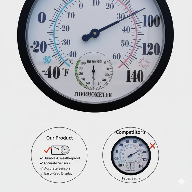 [Australia - AusPower] - Generic Indoor Outdoor Thermometer with Humidity Gauge, White Round Analog Dial, -40°F to 140°F Temperature Range, Wall Mount, No Batteries Required 