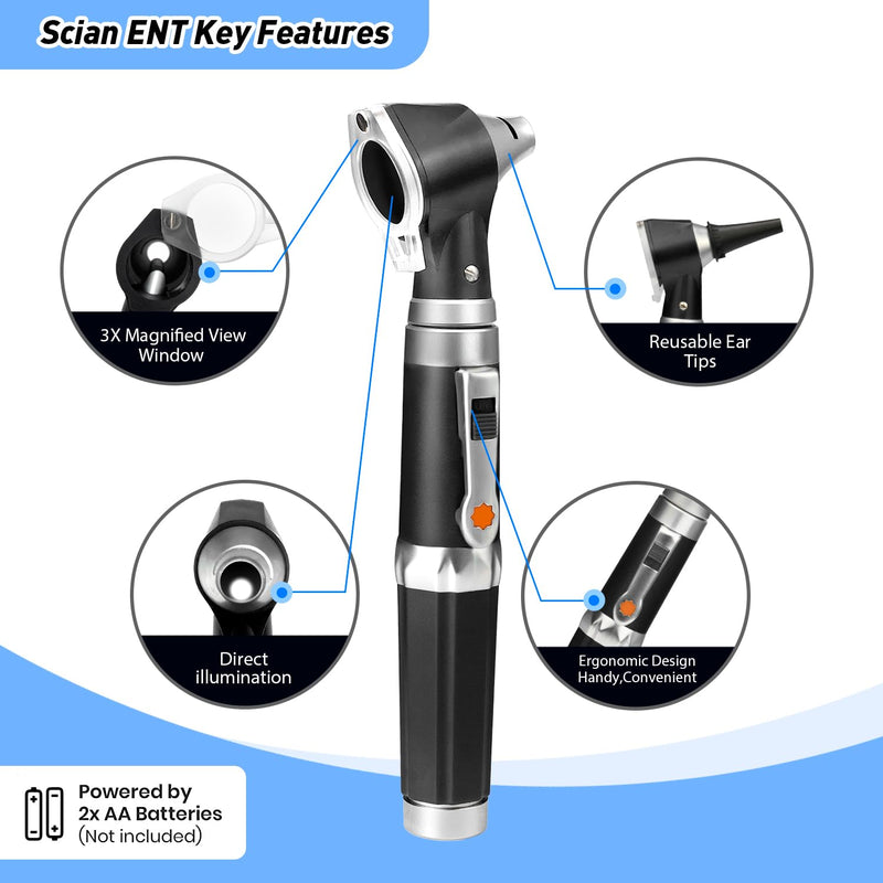 [Australia - AusPower] - Scian Otoscope - Ear Scope with Light, Ear Infection Detector and Pocket Ear Checker Kit with 3X Magnify Lens, Suitable for Kids, Adults, Doctors, Pets(Black) Black 