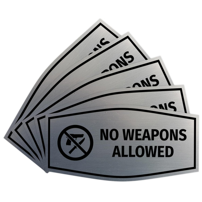 Signs ByLITA Fancy No Weapons Allowed Sign with Adhesive Tape (Brushed Silver) - Small (5 Pack) 3 x 6" - Small (5 Pack) Brushed Silver