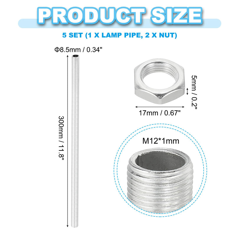 [Australia - AusPower] - PATIKIL M12 Thread 300mm/11.8" Lamp Pipe Kit with Lock Nuts, 5 Set All Thread Rods Fasteners Hardware for Chandelier Ceiling Light DIY, Zinc Plating 11.8" 
