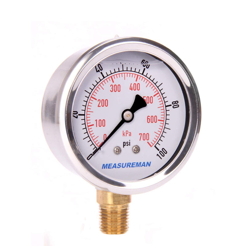 [Australia - AusPower] - MEASUREMAN 2-1/2" Dial Size, Glycerin Filled Pressure Gauge, 0-100psi/kpa, 304 Stainless Steel Case, 1/4"NPT Lower Mount 