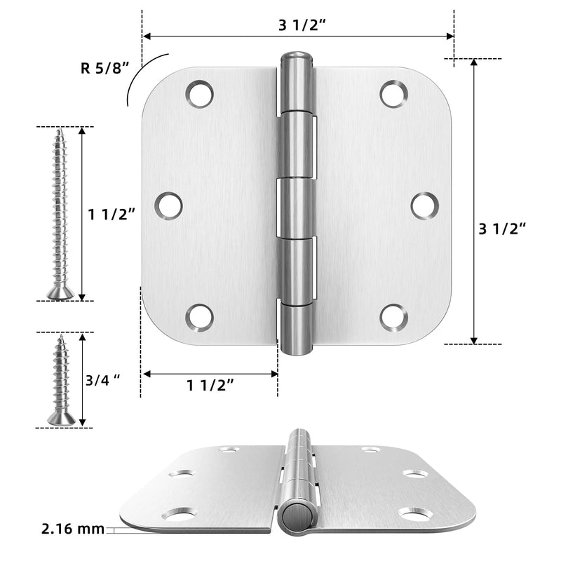 [Australia - AusPower] - 3 Pack Rounded Door Hinges Brushed Nickel 3.5 x 3.5 inch with 5/8 Radius, Satin Nickel 3 1/2 Interior Door Hinges, 3 ½"x 3 ½" Silver Hardware 3 Pack Brushed Nickel-5/8 Radius 