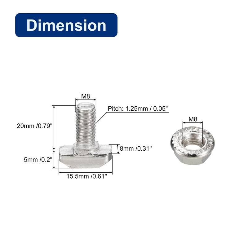 [Australia - AusPower] - uxcell M8x20mm T Slot Drop-in Bolt and M8 Hexagon Flange Nut Set, 20 Sets Hammer Head T-Bolt T Shape Stud Sliding Screw for 30 Series Aluminum Profile 