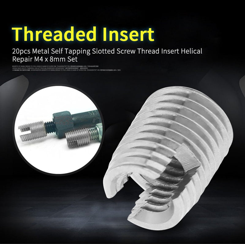 [Australia - AusPower] - 20pcs Thread Repair Insert, Metal Self Tapping Slotted Screw Thread Insert Helical Repair M4 x 8mm Set 