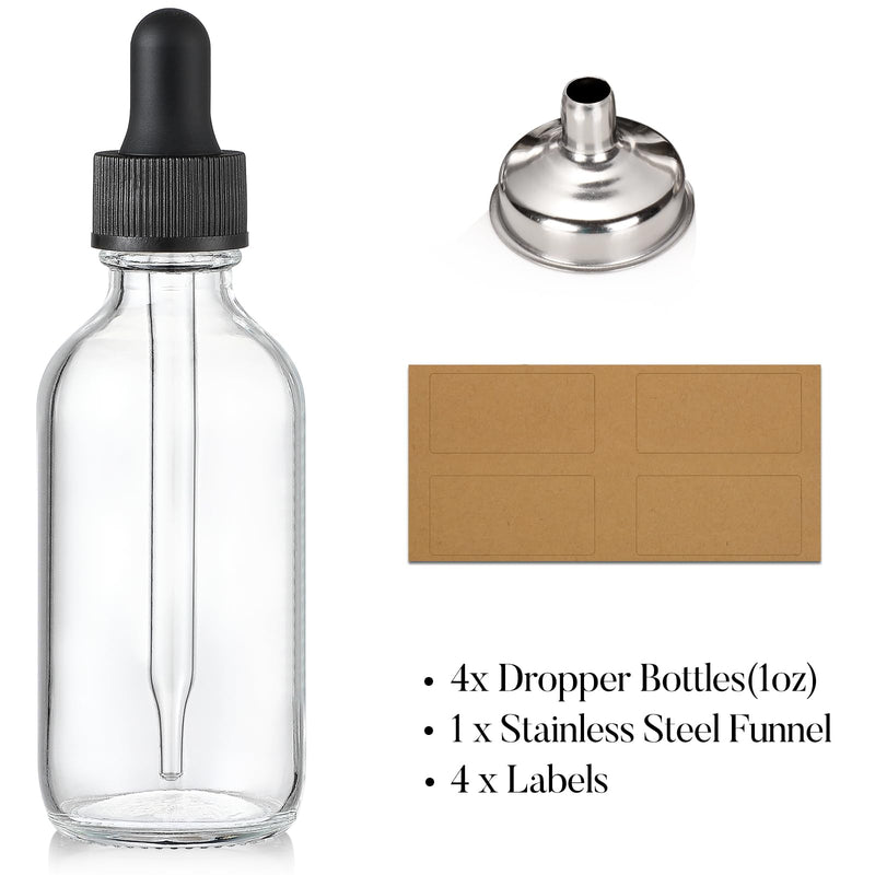 [Australia - AusPower] - AOZITA Set of 4, 1 oz Clear Eye Dropper Bottles with 1 Stainless Steel Funnels & 4 Labels - Black Caps 30ml Thick Glass Tincture Bottles - Leakproof Essential Oils Bottle for Storage and Travel Black Cap 