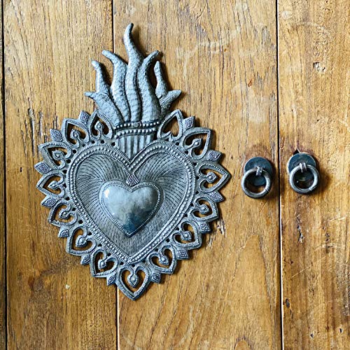 Sacred Heart, Flaming Heart, Religious Folk Art, Spiritual Home Decor, Haitian Metal Wall Art 7.25 X 10.25 Inches