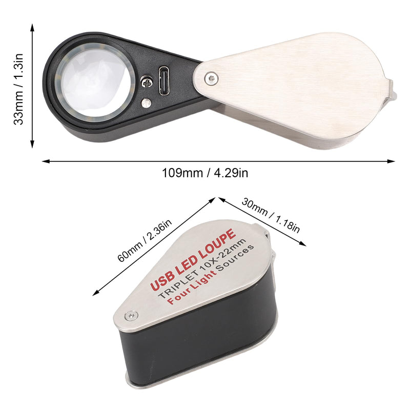 SEAFRONT 10x Magnifying Foldable LED Pocket Magnifier with 4 Light Modes USB Rechargeable Magnification Glass Compact 60 x 30 mm for Reading Inspection Jewellery