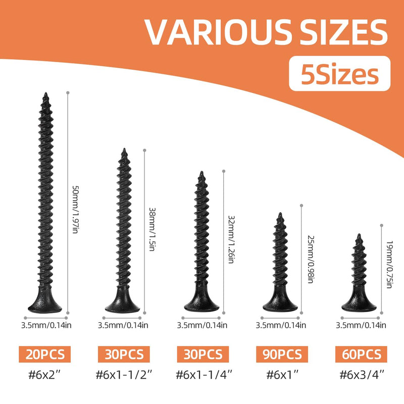[Australia - AusPower] - High Hardness Drywall Screws Assortment Kit,#6 230pcs (3/4",1",1-1/4",1-1/2",2"),Black Wood Screws, Screws for wood set,5 Sizes Black 