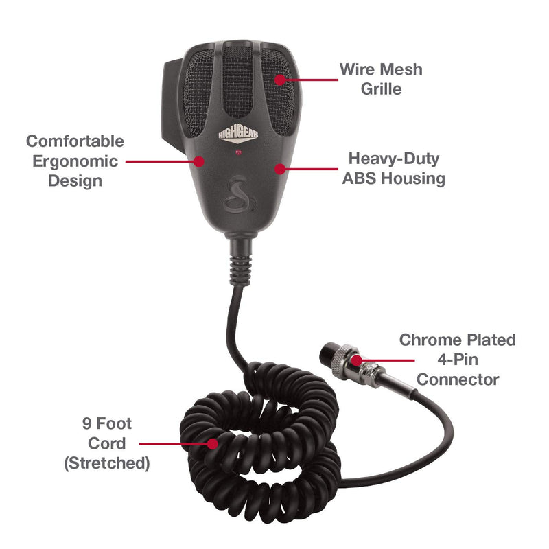 [Australia - AusPower] - Cobra HG M73 Premium Dynamic Replacement CB Microphone (Black) – 4 Pin Connector, 9 Foot Cord, Heavy Duty ABS Shell, Wire Mesh Grille, Left Side Push To Talk, Chrome Connector 