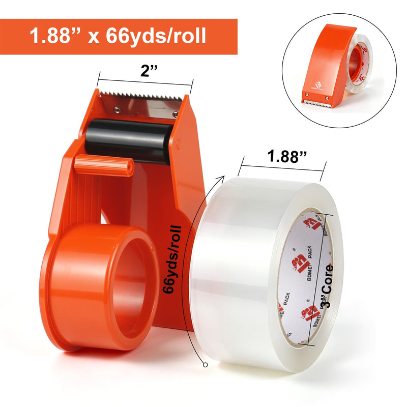 BOMEI PACK Heavy Duty Packing Tape with Dispenser 1.88'' x 66 YDs, Clear Box Tape for Packaging Shipping Moving Storage and Mailing, Strong Package Tape 1 Rolls + 1 Dispenser