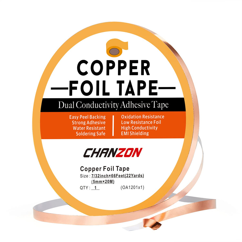 CHANZON Copper Foil Tape 5mm 7/32 inch x 66ft Double Sided Conductive Adhesive for Soldering,Electric,Stained Glass,Crafts,Repair,Paper Circuits,EMI & RF Shielding,Grounding,Guitars