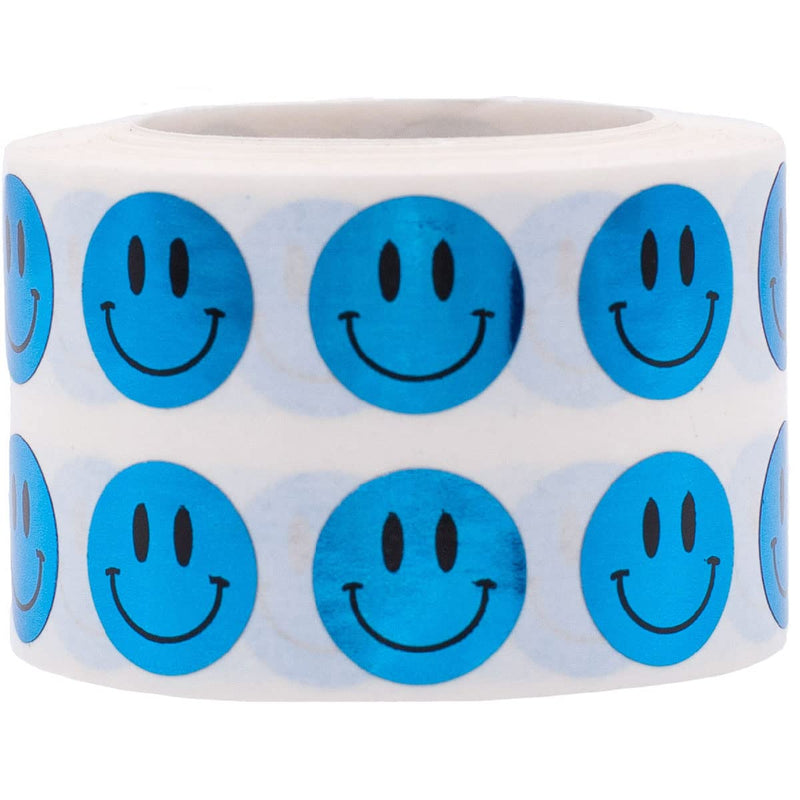 1/2" Inch Small Metallic Blue Happy Face Labels, 1,000 Total Adhesive Stickers on a Roll, Perfect for Kids Classroom Incentives, Motivational Chart Use