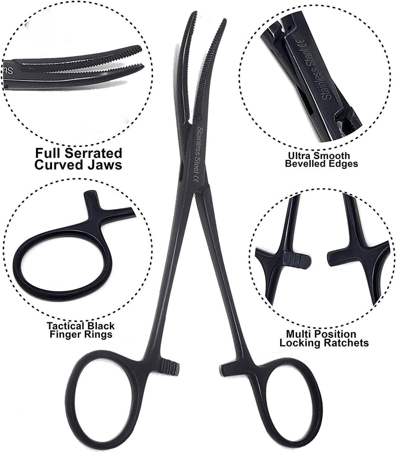 [Australia - AusPower] - Set of 4 Bandage Scissors 5.5", Stitch Scissors 4.5" and Hemostat 5.5" Straight Curved Made of Premium Quality Stainless Steel (Jet Black) Jet Black 