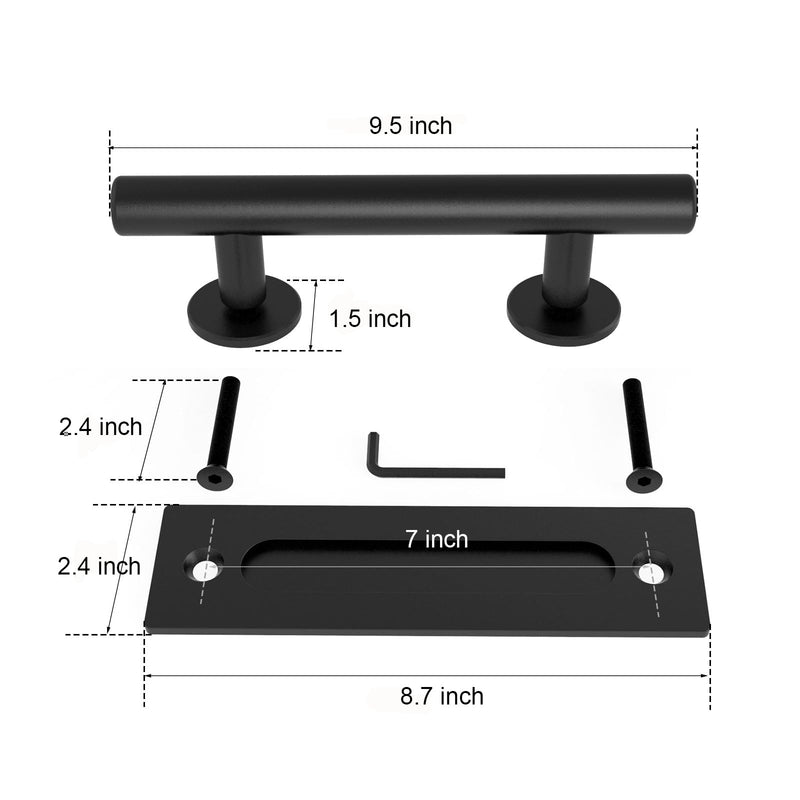 2 Pack Modern 9.5" Sliding Barn Door Pull Handle with Flush Hardware Set Rustic Design Black Powder Coated Finish, Anti-Rust, Heavy Duty Both Side Handles Design