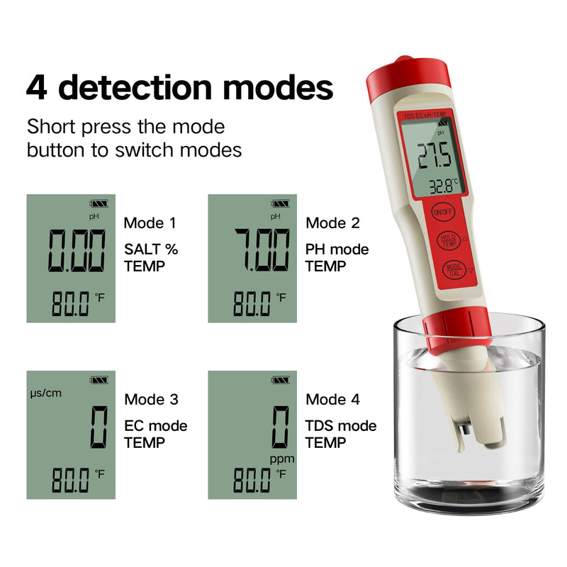 [Australia - AusPower] - ZuanXin TDS Tester, 4 in 1 Tester with PH/TDS/EC/Temp, Pool PH Tester for Drinking Water, Swimming Pools, Hot Tubs, and Spas(red and White) red 