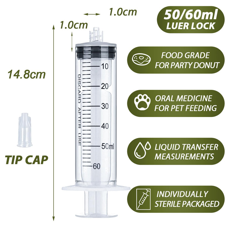 [Australia - AusPower] - 60mL Luer Lock Syringe 4 Pack Large Plastic Sterile Syringes without Needle, for Liquid, Oral, Measurement, Dispensing, with Cap 50mL/60cc 