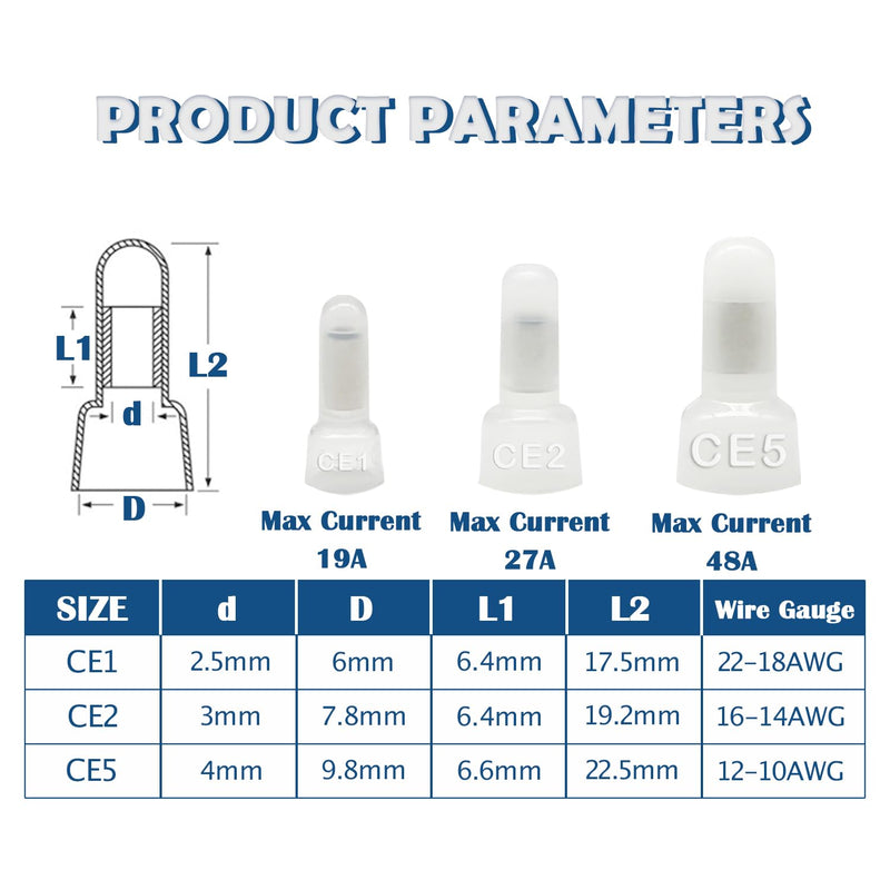 [Australia - AusPower] - 440PCS Closed End Crimp Terminal CE1/CE2/CE5 Assortment Kit 22-16/16-14/12-10AWG Wire End Caps Electrical Crimp Connectors OLA006-Kit 440PCS KIT(CE1/CE2/CE5) 