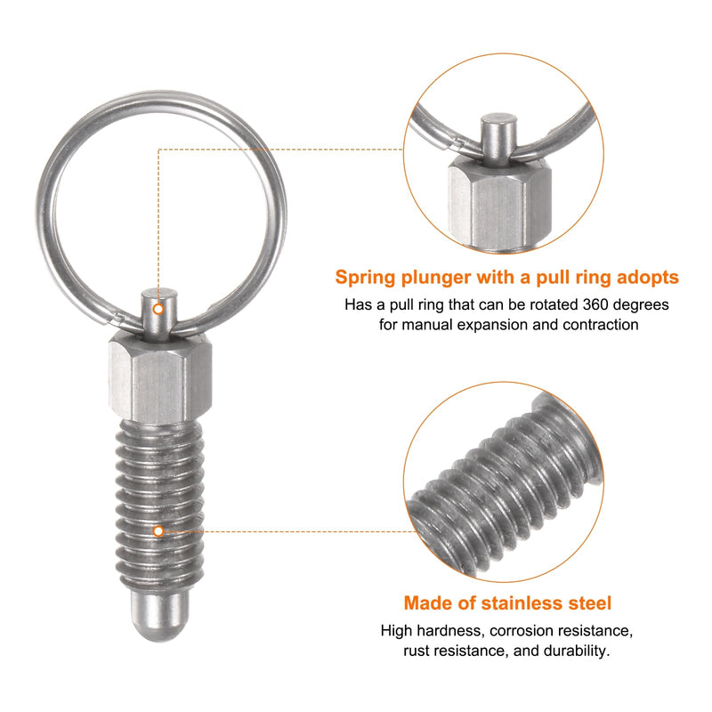 [Australia - AusPower] - 2Pcs Spring Plunger with Pull Ring M6x1 Thread Size 0.47" Thread Length Pin Dia.4mm Round Head Stainless Steel Non-Locking Retractable Index Plunger for Industrial Equipment 