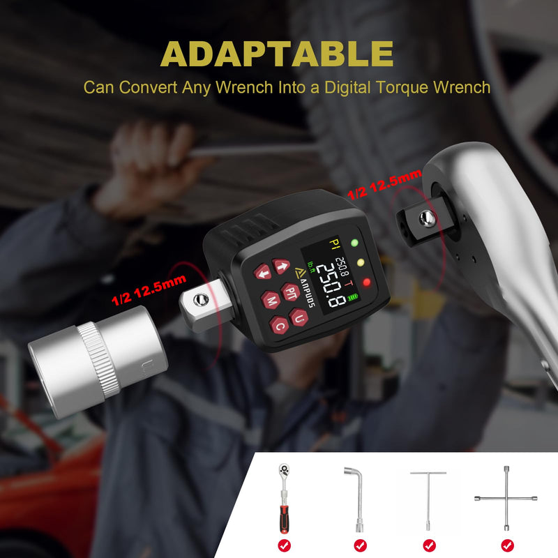 [Australia - AusPower] - 1/2" Digital Torque Adapter, 12.5-250.8 Ft-lb/17-340 Nm, Digital Torque Wrench Converter with ±1% Accuracy, Preset Value, Data Storage, Buzzer & LED Indicators, 3/8'' & 1/4'' Adapters for Car 1/2-Inch 