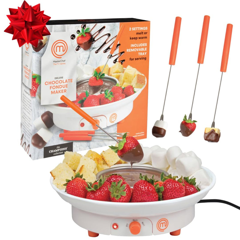 MasterChef Chocolate Fondue Maker- Electric Dessert Pot Set with 4 Forks & Removable Party Serving Tray- Melt or Warm Settings for Caramel Treats, Cheese- Charcuterie Appetizers, Date Night Gift