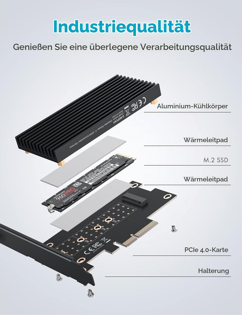 GRAUGEAR PCIe M2 Adapter Card for NVMe SSD M.2 PCIe 4.0x4 [Big Aluminum Cooler] | PCIe M2 Adapter NVMe Card for M.2 SSD PCIe 4.0x4, 64 Gbps, Compatible with M2 SSD M-Key of Lengths 2280, 2260, 2242, 2230