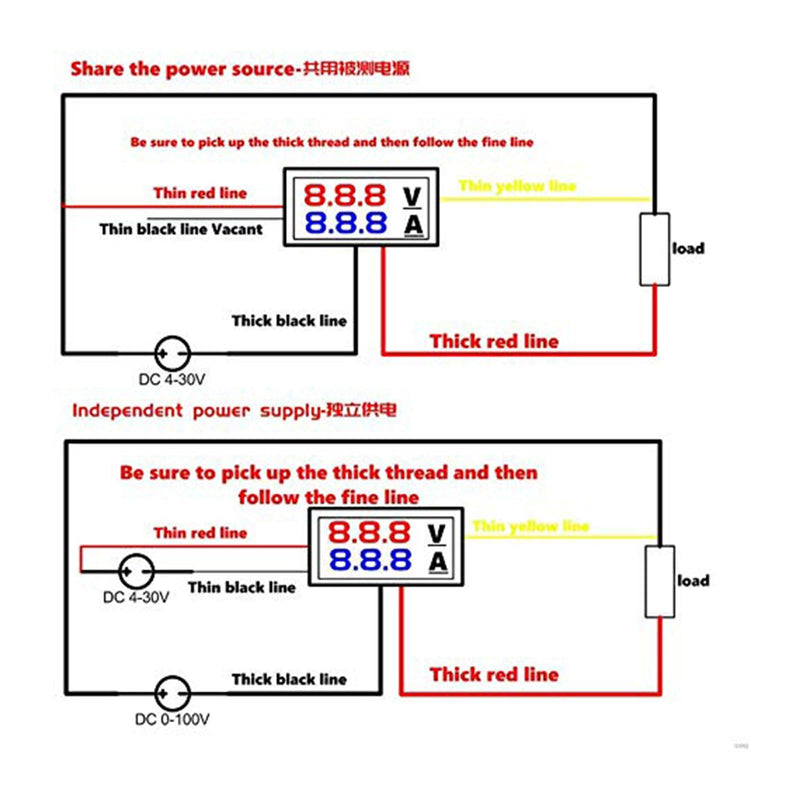 [Australia - AusPower] - 2PCs Voltage Current Tester,Compatible with 0.28" Digital Voltmeter Ammeter DC 100V 10A Dual LED Meter - 3-Bit Blue/Red Display with Connection Wires. 