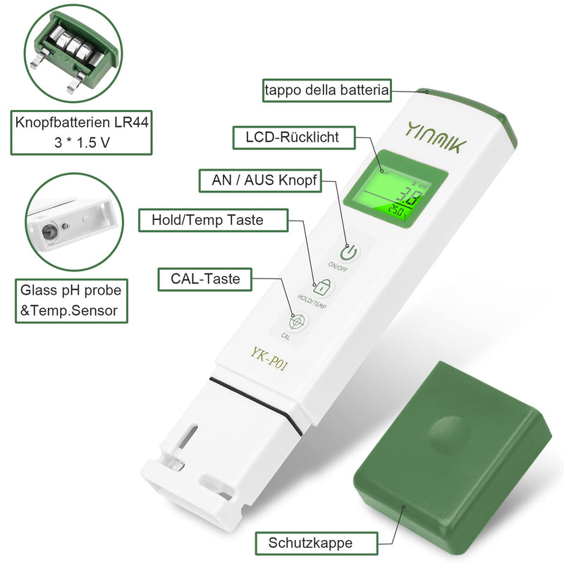 YINMIK Digital pH EC Meter 4 in 1 pH TDS Conductivity Meter | pH EC Meter Grow Conductivity pH Meter for Hydroponics Drinking Water Digital TDS pH Meter Water Green
