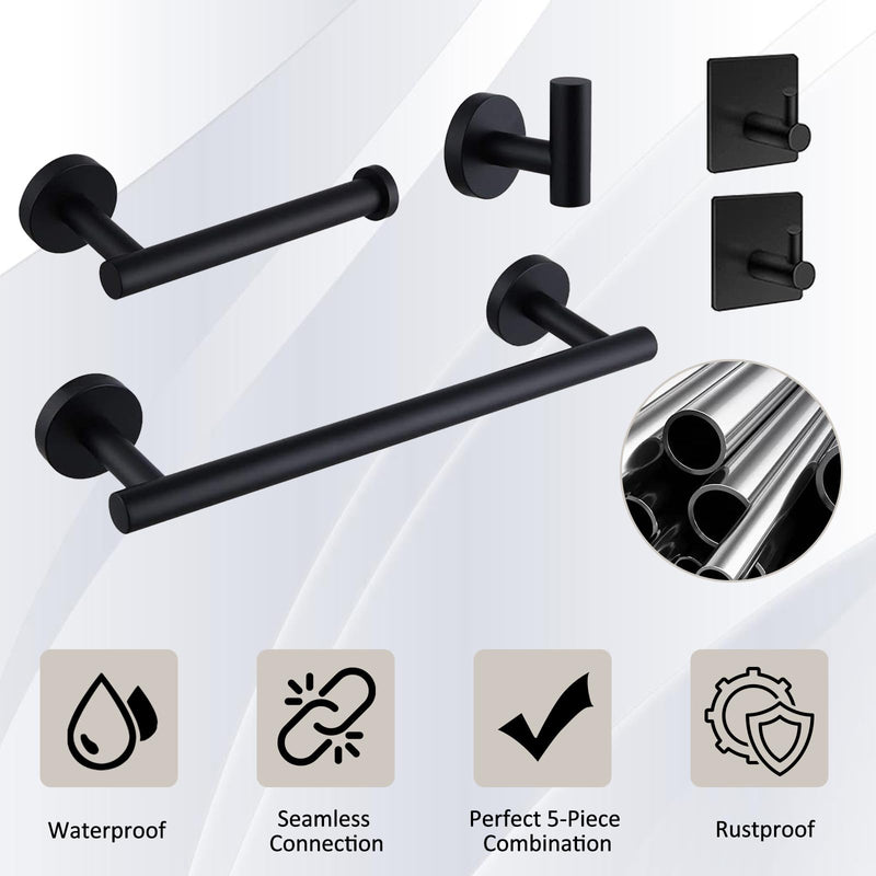 5-Pieces Bathroom Hardware Set, SUS304 Stainless Steel Towel Rack Set, 16" Hand Towel Rack, Toilet Paper Rack, 3 Bathrobe Towel Hooks, Bathroom Accessories, Towel Rack Set(Matte Black) Matte Black