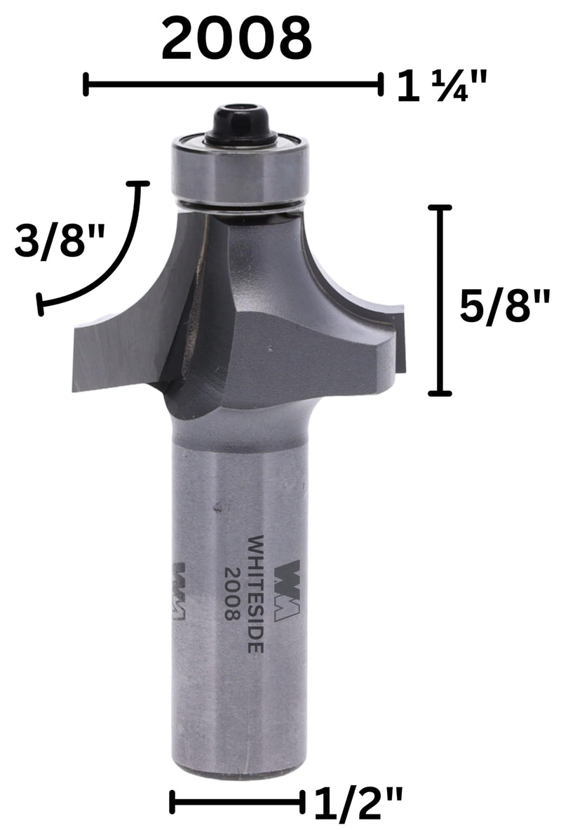 Whiteside 2008 Roundover Bit 3/8R 1-1/4LD 5/8CL 1/2SH 2FL