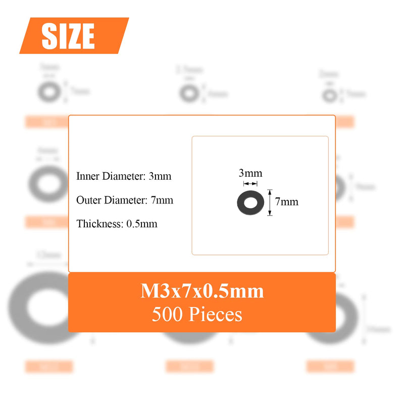 [Australia - AusPower] - 500 Pieces M3 Flat Washers, Black Zinc Plated Steel, Inner Diameter 3mm, Outer Diameter 7mm, Thickness 0.5mm, Fender Washers, Metal Washers for Screws Bolts M3 (500 PCS) 