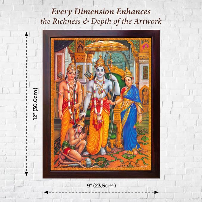 SANVIKA Hanuman Showing His Humbleness in Ram Darbar and Mata Sita Giving Blessings. A Holy Religious Poster Painting with Frame for Hindu Worship Purpose (COL1) COL1