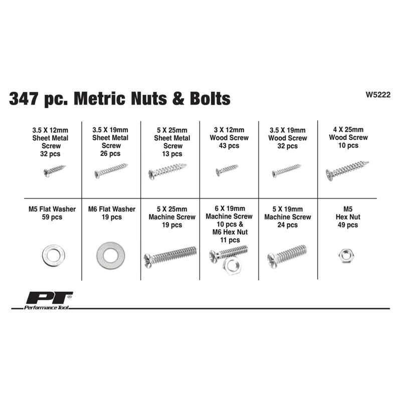 [Australia - AusPower] - Performance Tool W5222 347pc Metric Nut Bolt Assortment With Case 347pc Nut Bolt Kit (Metric) 